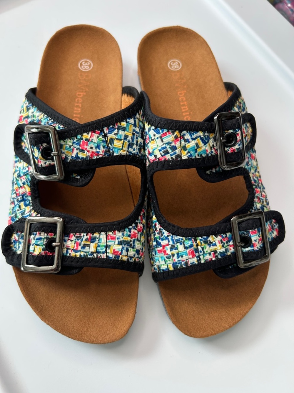 bernie mev. Multicolor Tweed Double-Buckle Slide Sandals